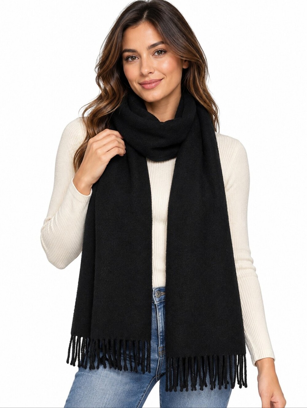 Vent Vidi Vici Black Wool Blend Fringe Scarf Made in Italy NWT